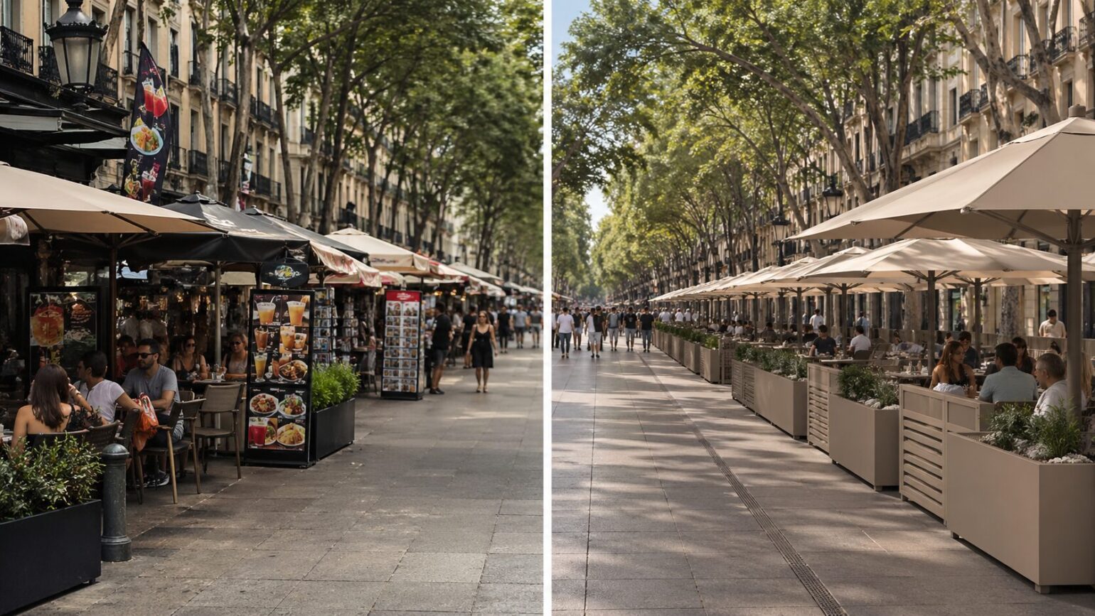 Nueva normativa en Barcelona regula terrazas en La Rambla: menos mesas, sin publicidad visible y diseño unificado obligatorio desde 2027 tras la remodelación del paseo
