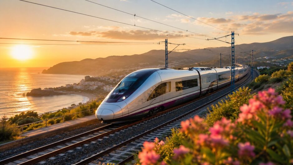 Tren de alta velocidad recorriendo la costa española durante el verano con conexión AVE y Avlo dentro de la campaña Renfe Superprecios 2026.