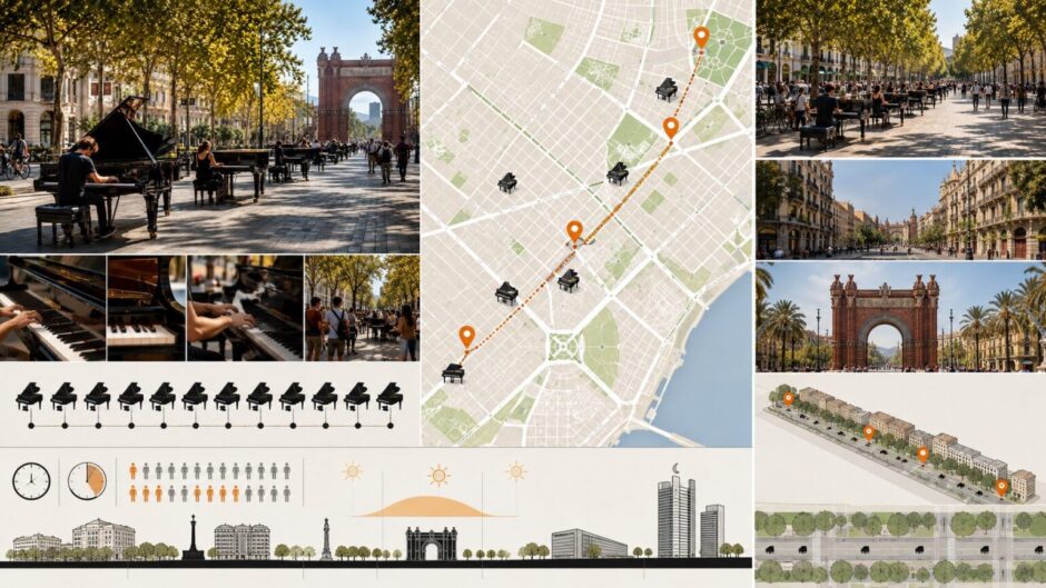 Barcelona se llena de pianos 2026: el 22 de mayo, de 11 a 20 h, diez pianos de cola gratis en Consell de Cent, Passeig de Sant Joan y Arc de Triomf para tocar o escuchar. Ubicaciones, horario y ruta.