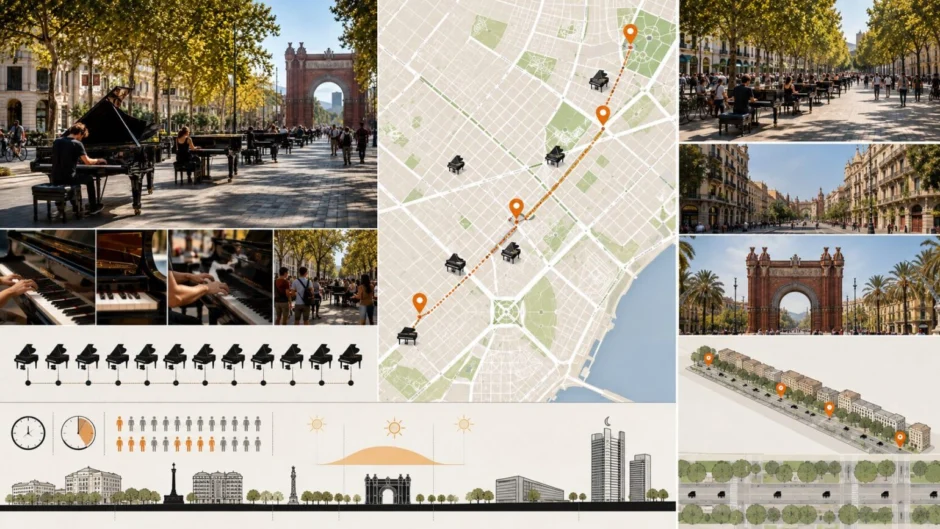 Barcelona se llena de pianos 2026: el 22 de mayo, de 11 a 20 h, diez pianos de cola gratis en Consell de Cent, Passeig de Sant Joan y Arc de Triomf para tocar o escuchar. Ubicaciones, horario y ruta.