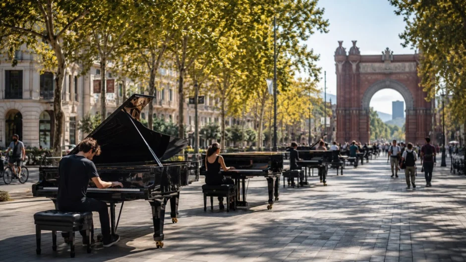 Barcelona se llena de pianos 2026: el 22 de mayo, de 11 a 20 h, diez pianos de cola gratis en Consell de Cent, Passeig de Sant Joan y Arc de Triomf para tocar o escuchar. Ubicaciones, horario y ruta.