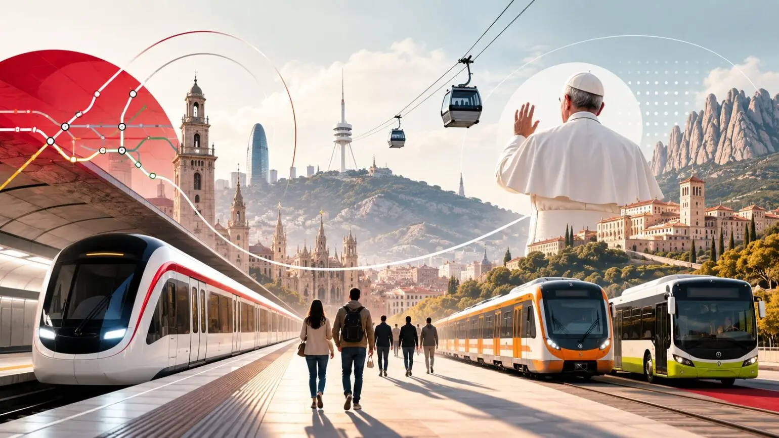Cambios en metro, Rodalies, FGC y bus de Barcelona del 8 al 10 de junio por la visita del Papa León XIV: refuerzos, cierres de estaciones, lanzaderas a Montjuïc y acceso a Montserrat. Toda la guía práctica.